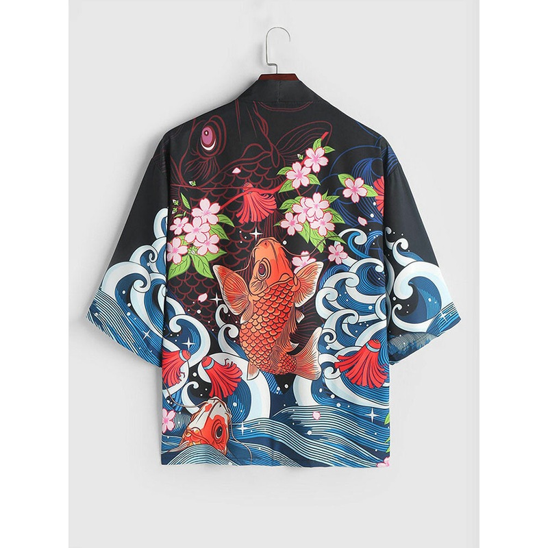 ChArmkpR Mens Japanese Wave Carp Floral Print Open Front Loose Kimono