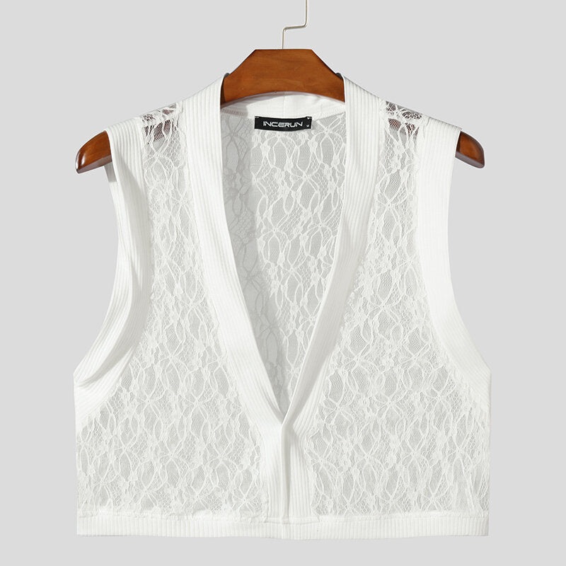 INCERUN Men’s Fashion Lace Mesh Patchwork V-neck Tank Top