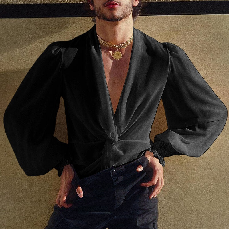 INCERUN Men’s Fashion Twist-knot V-neck See-through Mesh Bubble Long Sleeve Shirt
