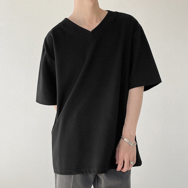 INCERUN Men’s Loose Comfort Solid Color V-Neck Short Sleeve T-Shirt