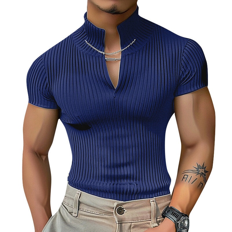 INCERUN Men’s Solid Color Knitted Half Turtleneck Chain Deco Short Sleeve T-Shirt