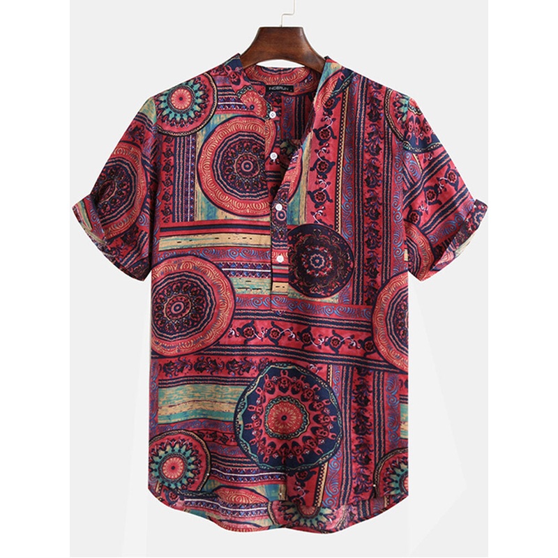 INCERUN Men’s Vintage Floral Ethnic Shirts Summer Beach Dashiki Floral Casual Tops Tee