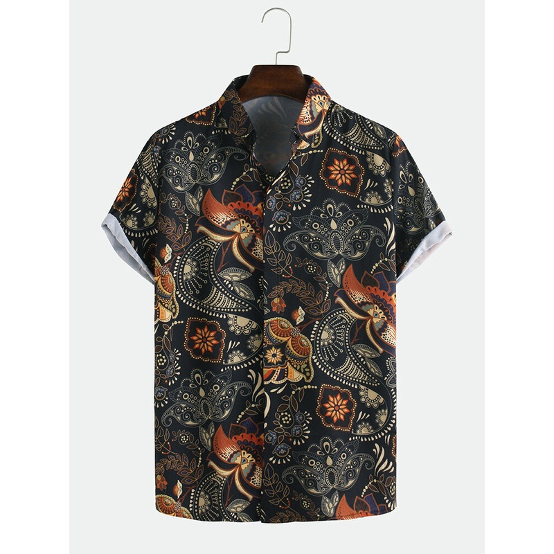 Men Printed Retro Style Summer Casual Short Sleeve Lapel Shirts