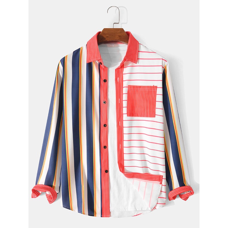 Men Stripe Patchwork  Button Up Casual Long Sleeve Shirts