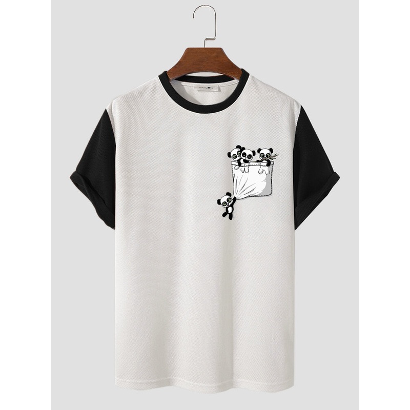Mens Cartoon Panda Print Contrast Knit Short Sleeve T-Shirts