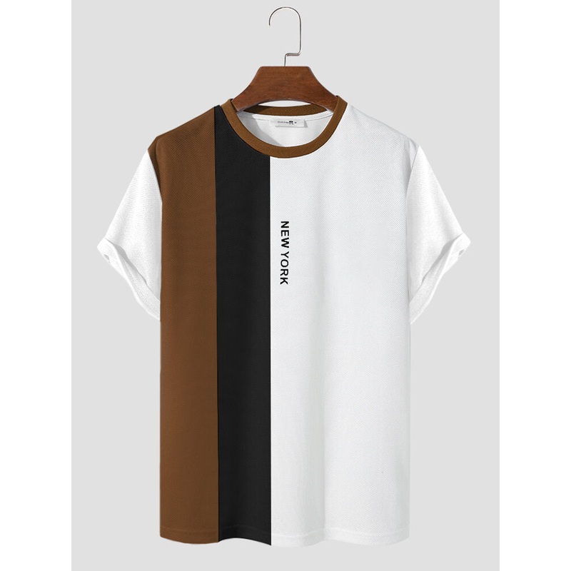 Mens Color Block Patchwork Letter Print Knit Short Sleeve T-Shirts