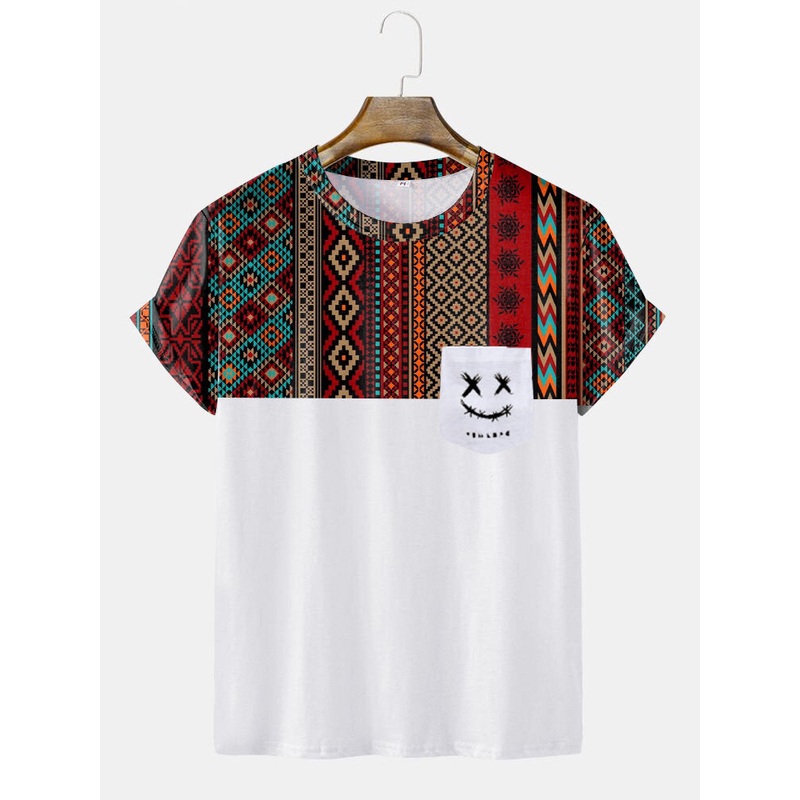 Mens Colorful Geometric Funny Face Print Ethnic Short Sleeve T-Shirts