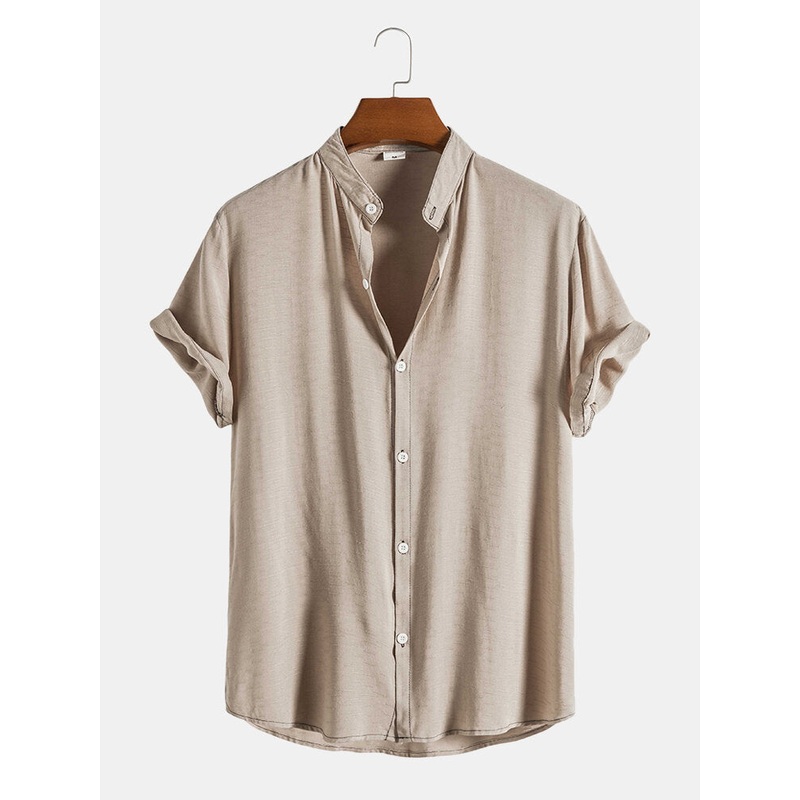 Mens Cotton Breathable Stand Collar Solid Shirts