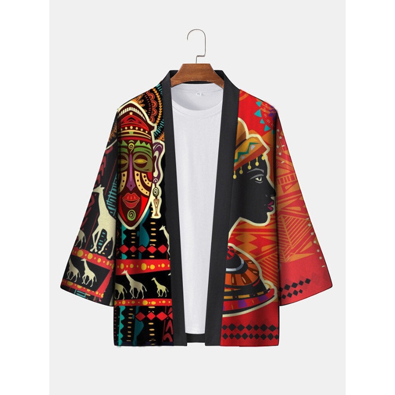Mens Ethnic Figure Print Open Front Loose 3/4 Sleeve Kimono
