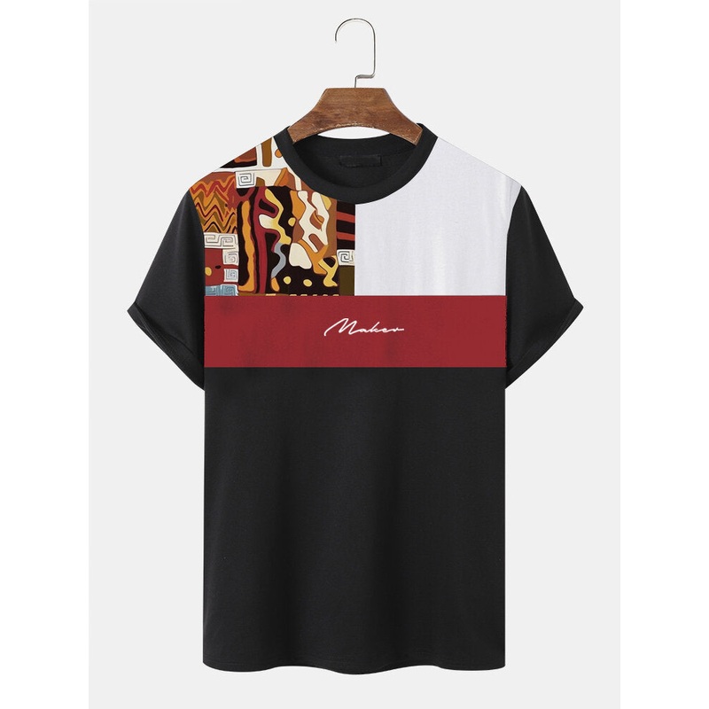 Mens Ethnic Geometric Color Block Patchwork Embroidery Short Sleeve T-Shirts