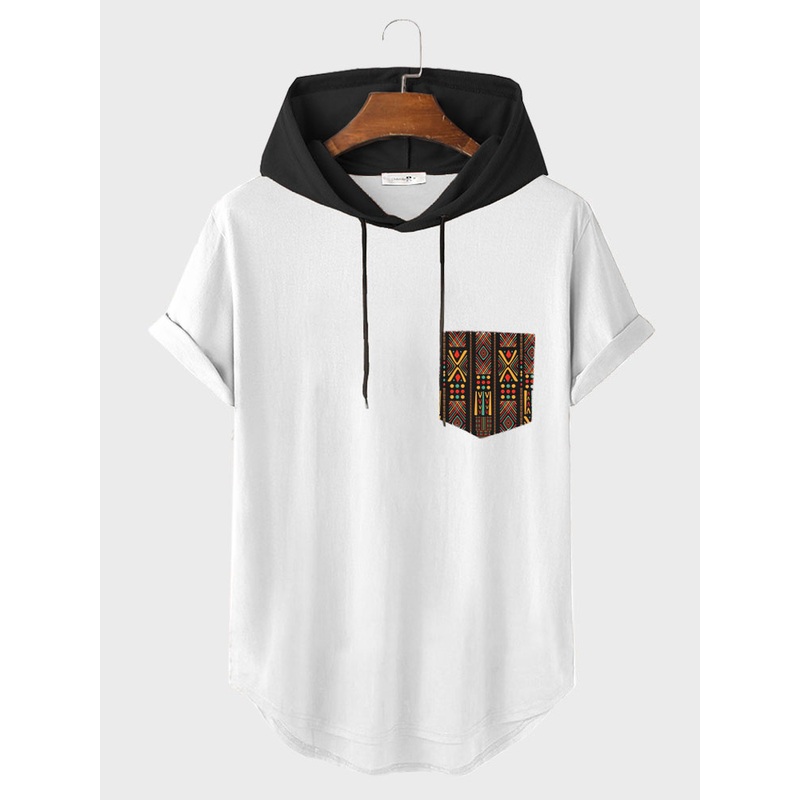 Mens Ethnic Geometric Print Curved Hem Hooded Short Sleeve T-Shirts