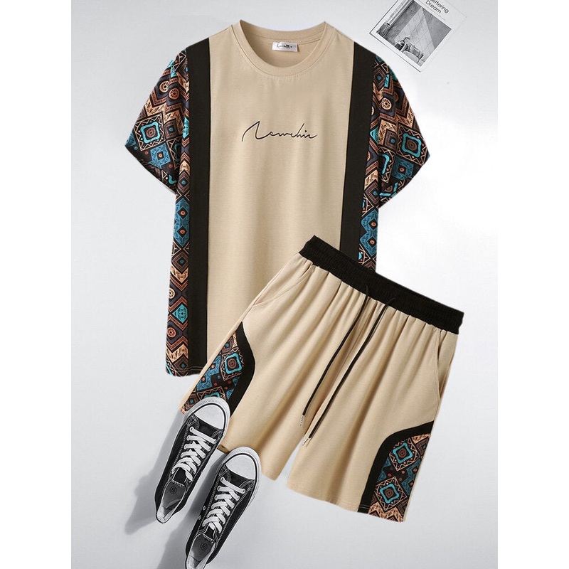 Mens Ethnic Geometric Print Patchwork Crew Neck Two Pieces Outfits