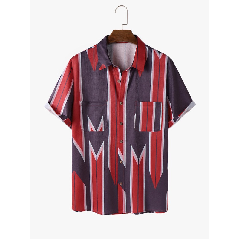 Mens Ethnic Geometric Striped Print Texture Short Sleeve Shirts