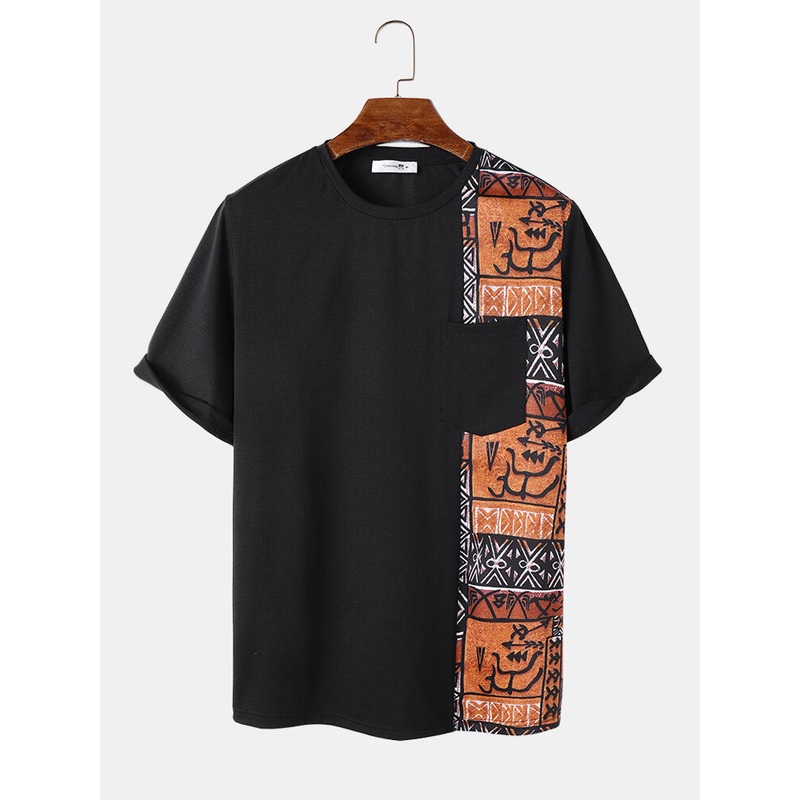 Mens Ethnic Tribal Pattern Stitching Pocket Short Sleeve T-Shirts