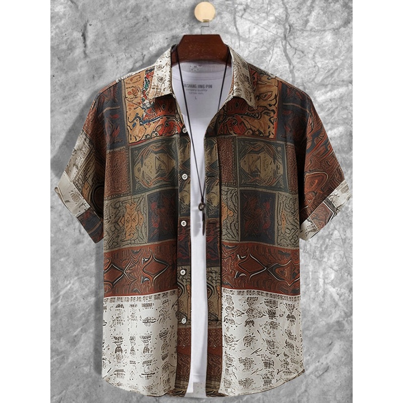 Mens Ethnic Tribal Totem Print Lapel Short Sleeve Shirts