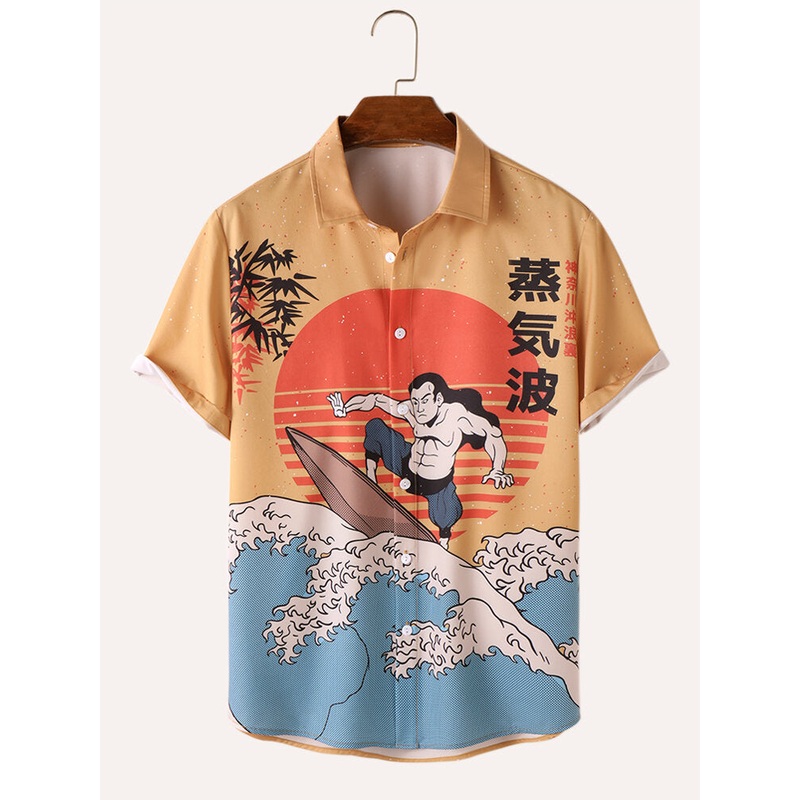 Mens Figure Wave Ukiyoe Print Japanese Style Short Sleeve Shirts