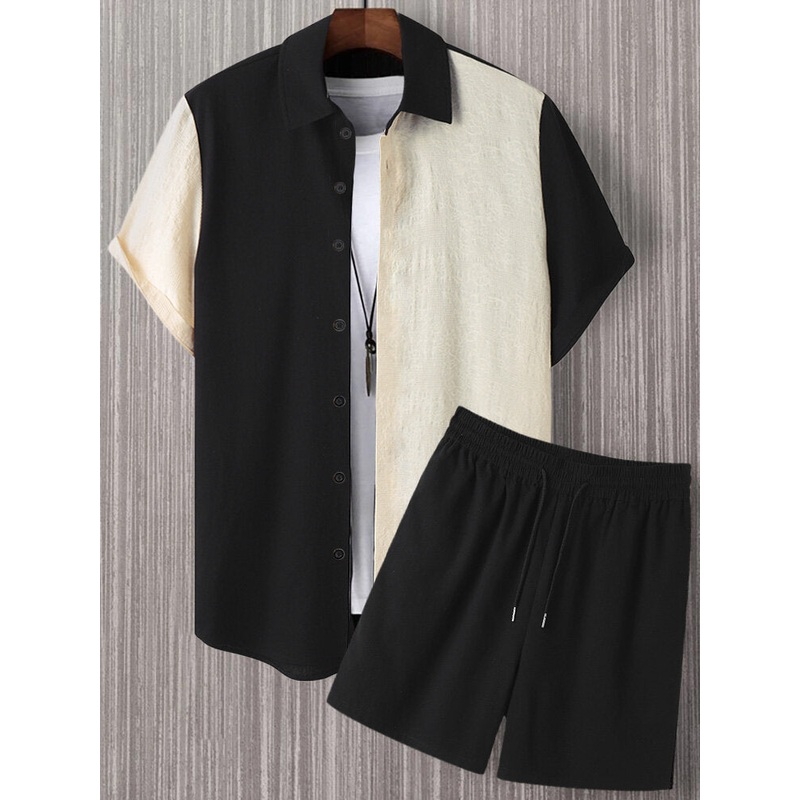 Mens Jacquard Two Tone Patchwork Cotton Two Pieces Outfits