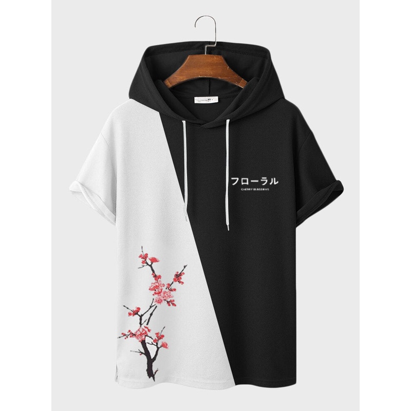 Mens Japanese Cherry Blossoms Print Patchwork Knit Short Sleeve Hooded T-Shirts