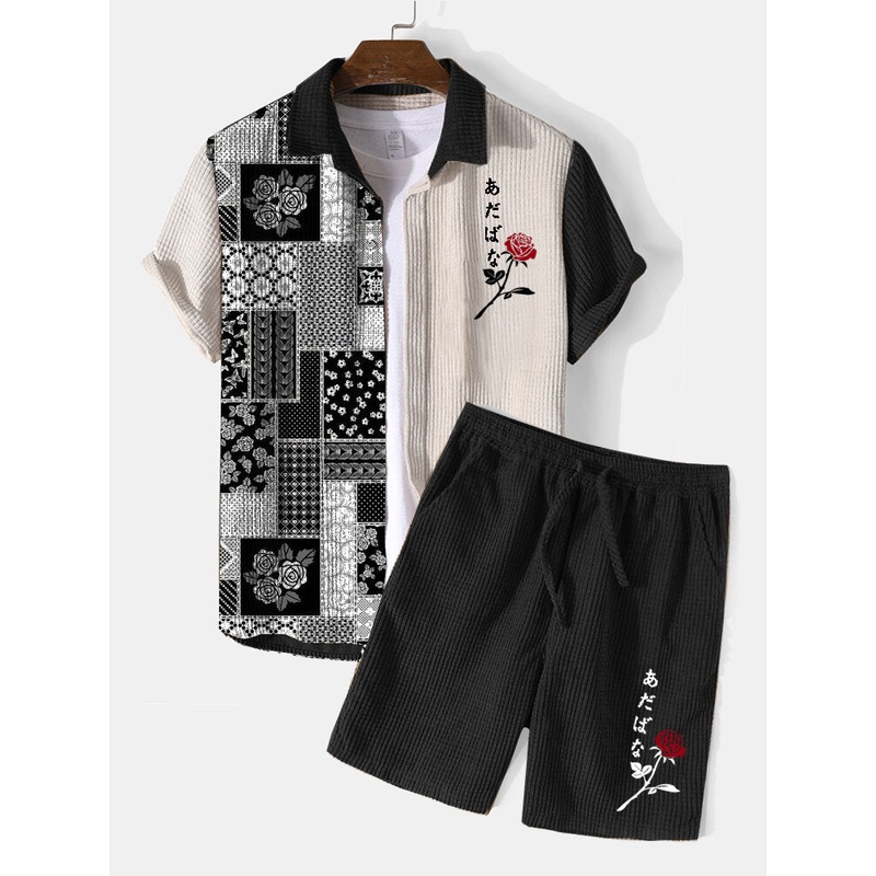 Mens Japanese Rose Embroidered Patchwork Corduroy Two Pieces Outfits