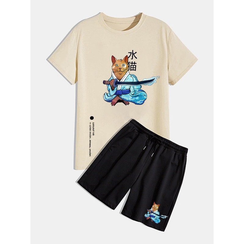 Mens Japanese Warrior Cat Print Crew Neck Two Pieces Outfits