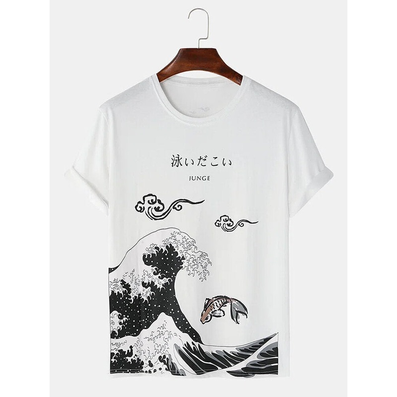 Mens Japanese Wave Carp Print Crew Neck Short Sleeve T-Shirts