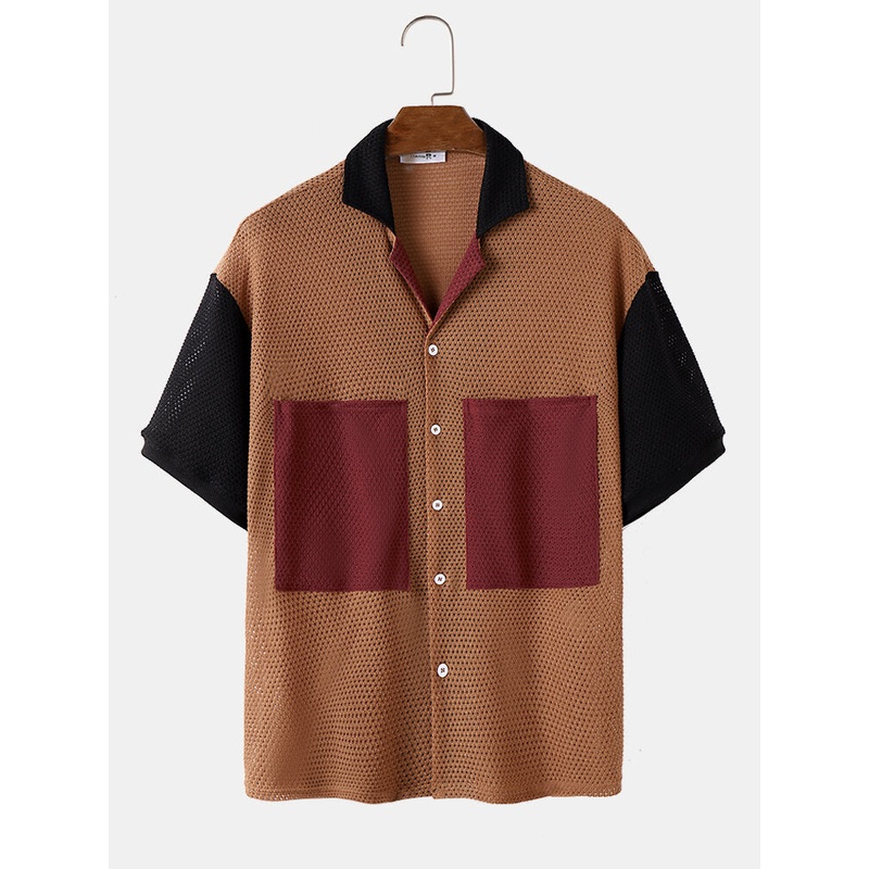 Mens Large Pocket Patchwork Revere Collar Knit Short Sleeve Shirts