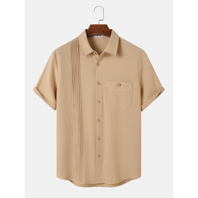 Mens Pleated Button Pocket Solid Color Cotton Short Sleeve Shirts