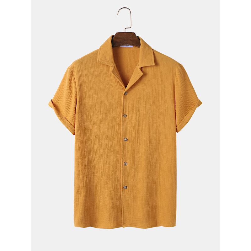 Mens Seersucker Revere Collar Solid Cotton Short Sleeve Shirts