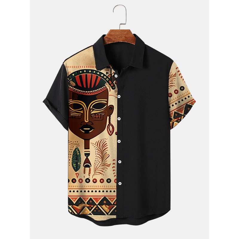 Mens Tribal Figure Pattern Patchwork Ethnic Short Sleeve Shirts