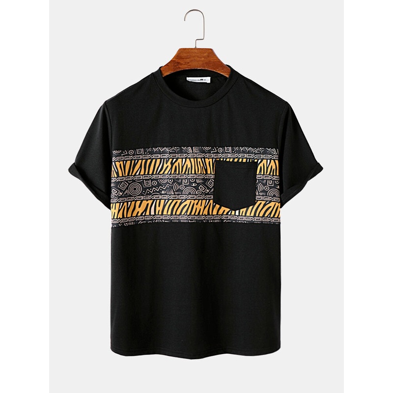 Mens Tribal Geometric Print Patchwork Pocket Short Sleeve T-Shirts