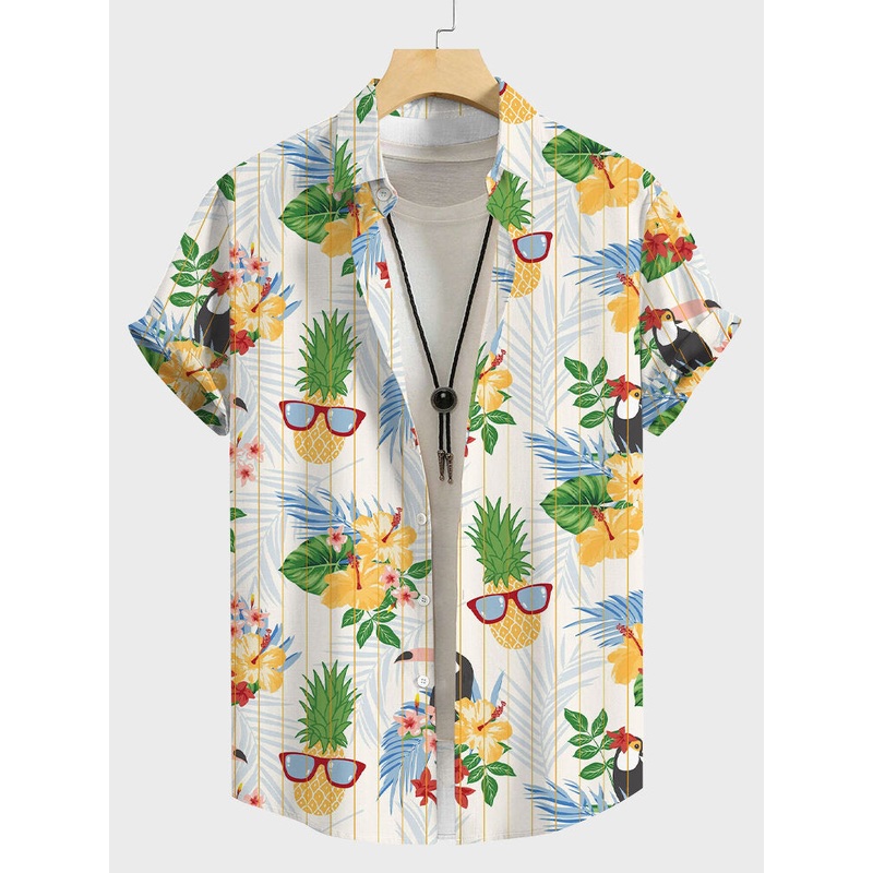 Mens Tropical Funny Pineapple Striped Print Lapel Hawaiian Vacation Shirts
