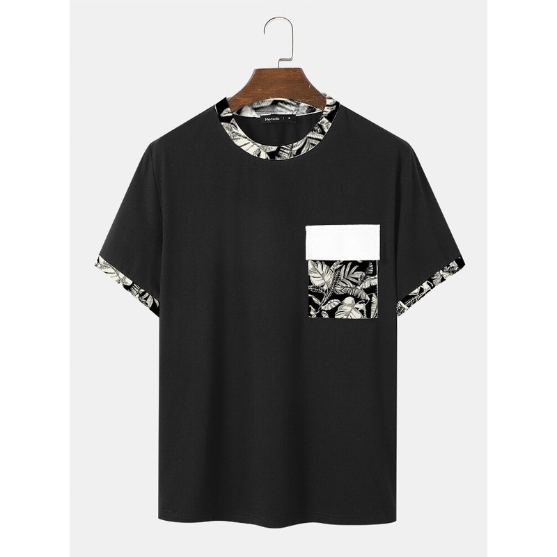 Mens Tropical Plants Print Flap Pocket Holiday Short Sleeve T-Shirts