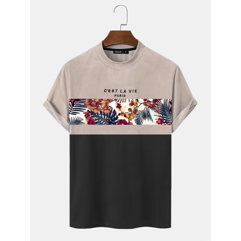 Mens Tropical Plants Print Patchwork Texture Short Sleeve T-Shirts