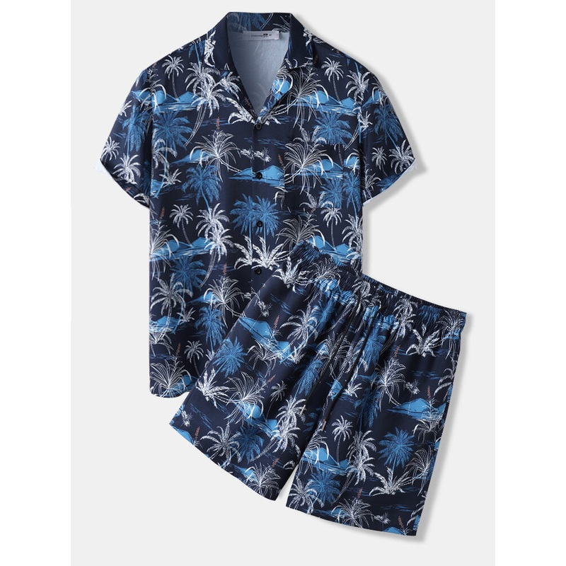 Mens Allover Coconut Tree Print Revere Collar Vacation Two Pieces Outfits