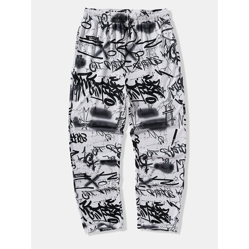 Mens Allover Graffiti Print Drawstring Waist Loose Straight Pants