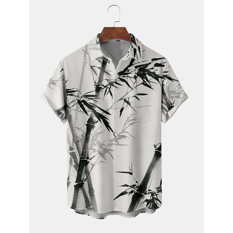 Mens Chinese Ink Bamboo Print Lapel Short Sleeve Shirts