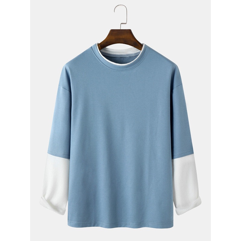Mens Faux Two Pieces Dropped Shoulder Sleeve T-Shirt