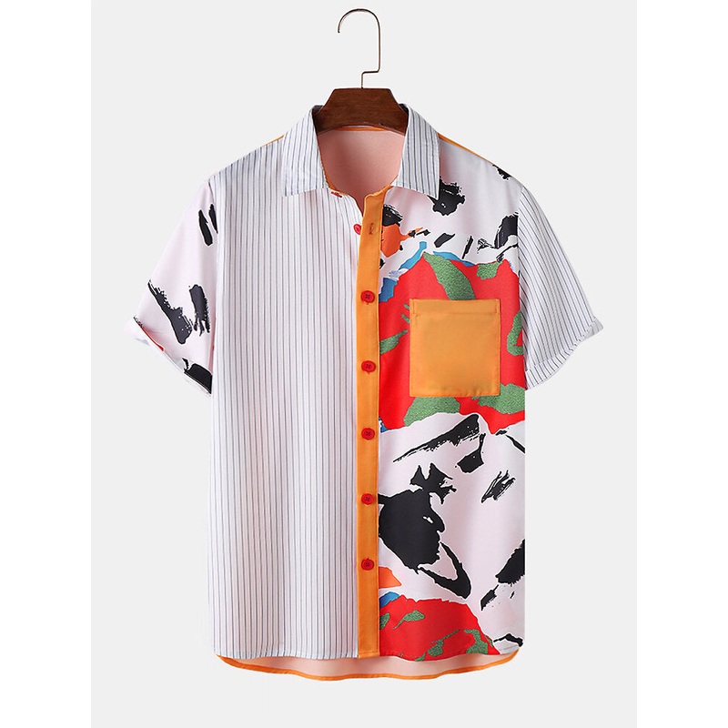 Mens Striped GraffitiPrint Patchwork Pocket Short Sleeve Shirts