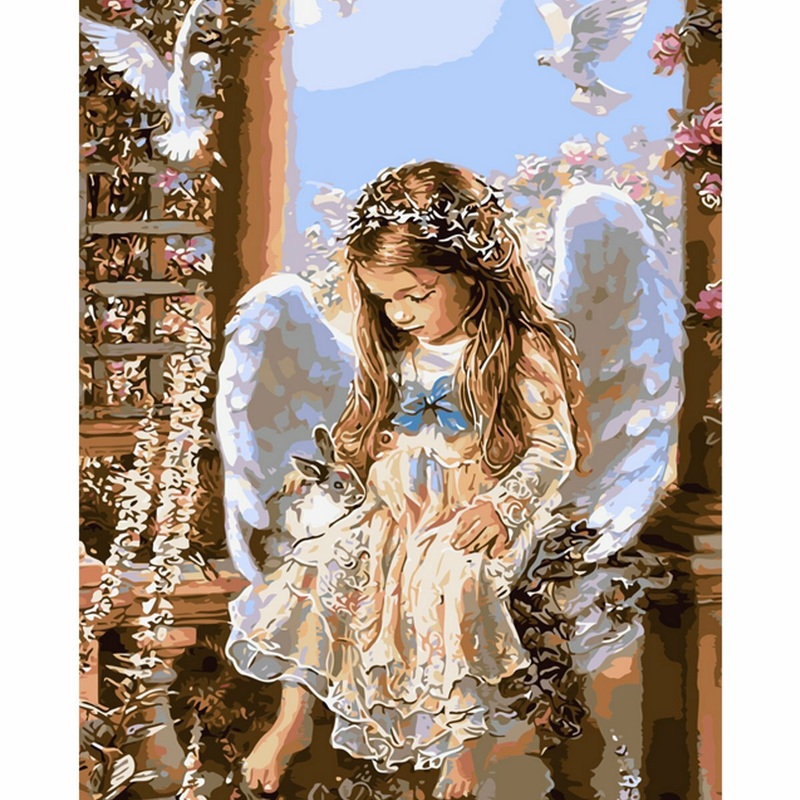 Oil Painting By Number Kit Angel Girl & Rabbit Painting DIY Acrylic Pigment Painting By Numbers Set Hand Craft Art Supplies Home Office Decor