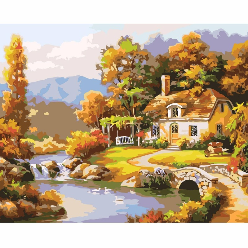 Oil Painting By Number Kit Bridge River Cottage Landscape Painting DIY Acrylic Pigment Painting By Numbers Set Hand Craft Art Supplies Home Office Decor