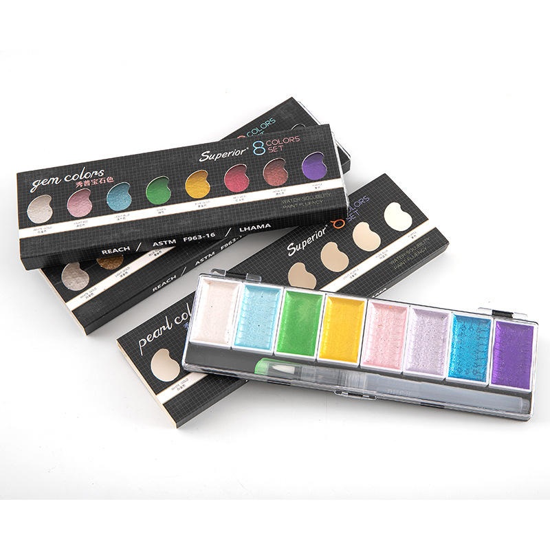 Superior 8 Pcs/Set Starry/Gem/Pearl Colors Metallic Watercolor Paint Artist Glitter Solid Colors Portable Lightweight with 1 Brush