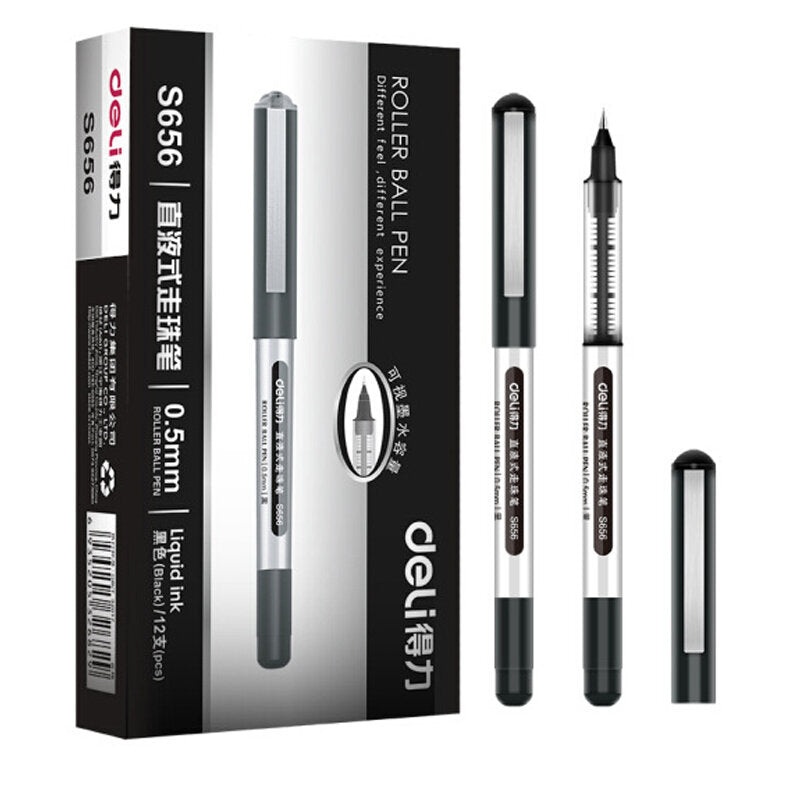 12PCS Deli S656 Straight Liquid Gel Pen Liquid Ballpoint Pen 0.5mm Nib Gel Pen Writing Signing Pen Offfice School Supplies Stationery
