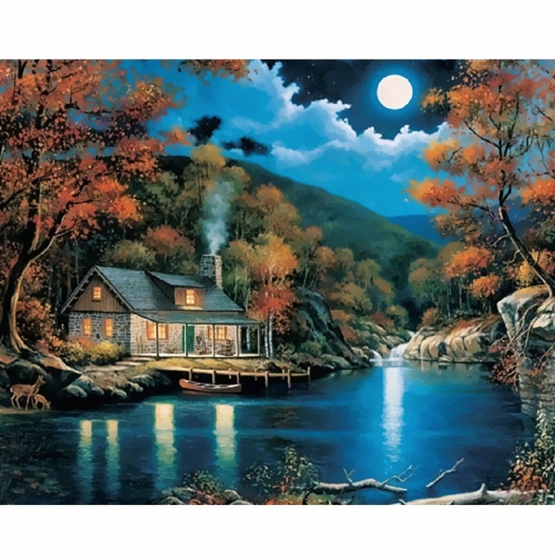 Oil Painting By Number Kit Set Full Moon Night Landscape Painting DIY Acrylic Pigment Painting By Numbers Art Hand Craft Supplies