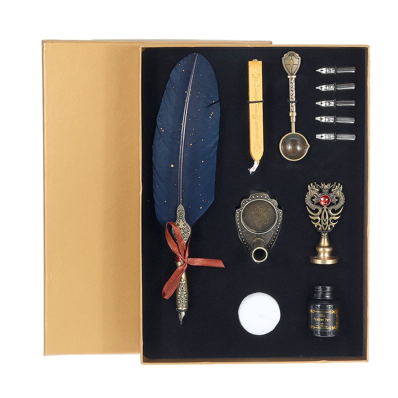 Sprinkle Gold Luxury Vintage Feather Quill Dip Calligraphy Fountain Pen Writing Ink 5 Nibs Set Stationery Gift Box