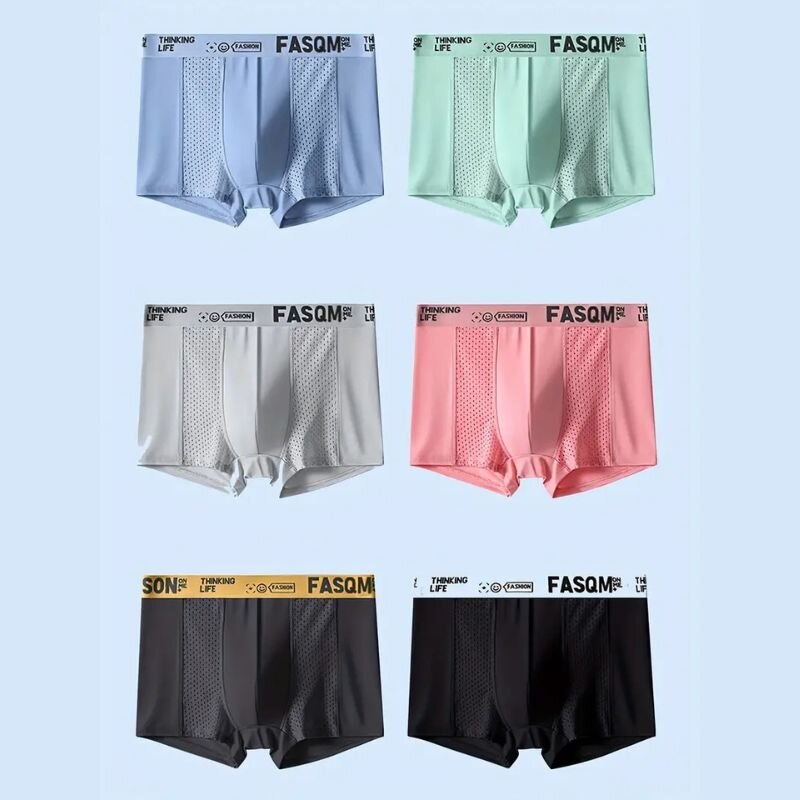 6pcs Men’s Ice Silk Cool Soft Seamless Comfy Boxers Briefs Underwear, Mesh Breathable Comfy Stretchy Trunks, Men’s Casual Plain Color Underwear