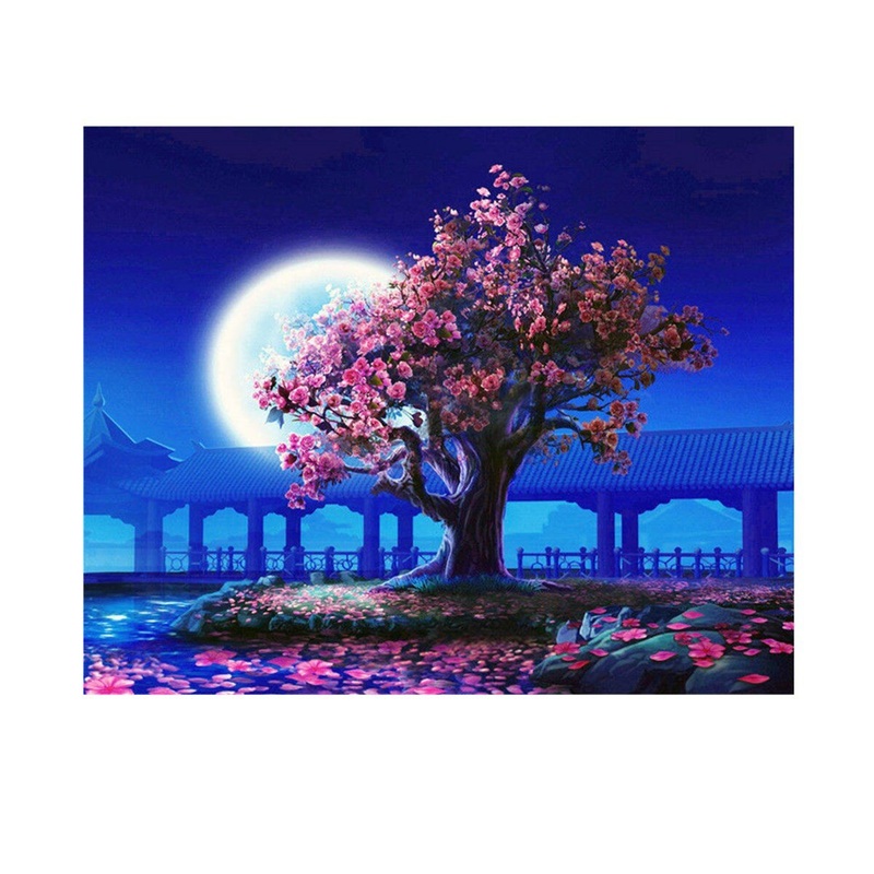 DIY Oil Painting By Number Kit Night Pink Flower Tree Wall Painting Acrylic Pigment Painting By Numbers Set Hand Craft Art Supplies