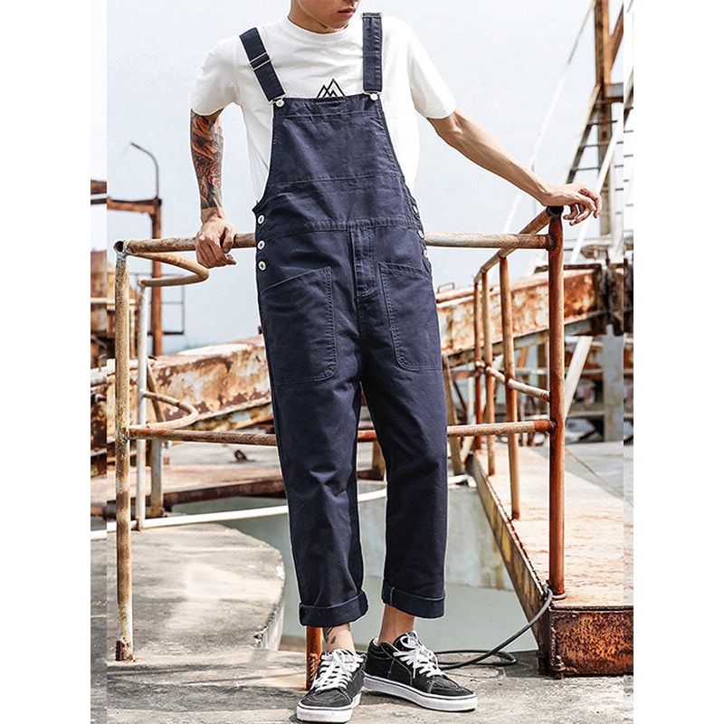 INCERUN Men Bib Pants Solid Color Jumpsuits Multi Pockets Casual Suspenders Cargo Overalls Fashion Men Jumpsuit S-5XL
