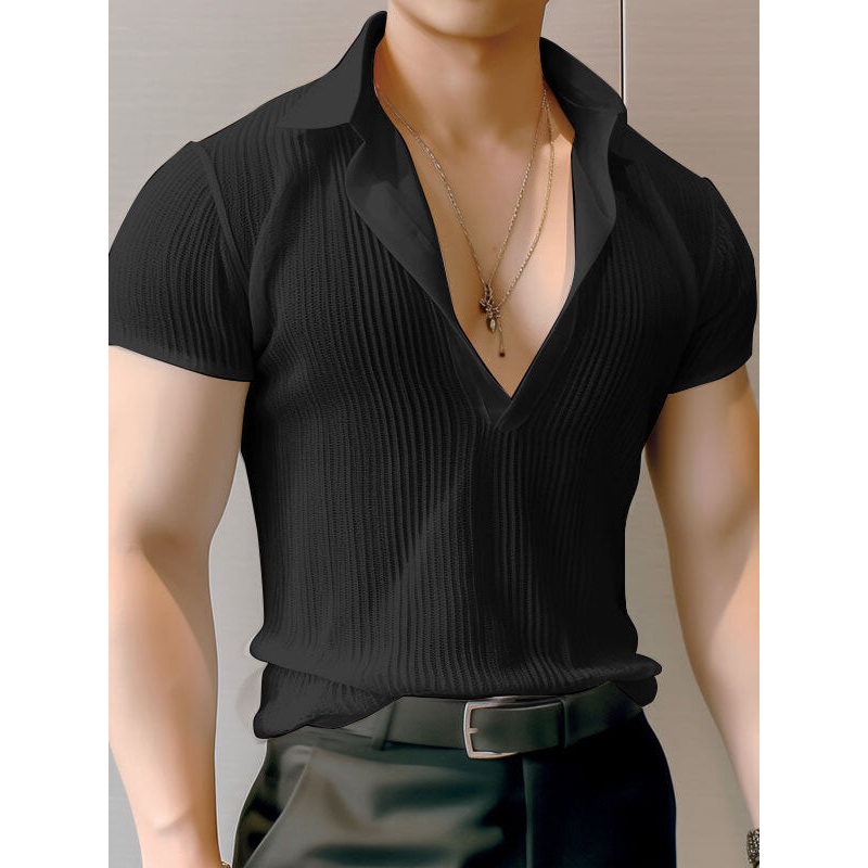INCERUN Men Fashion Stripe Short Sleeve T-shirt Summer See-through V-neck Tee Solid Color Mens Top