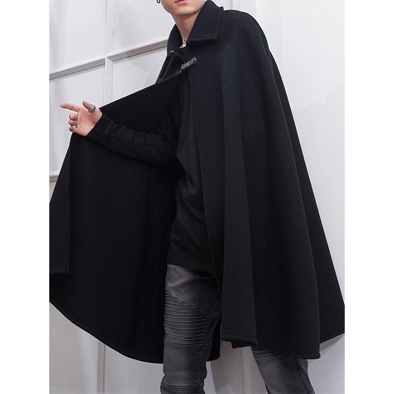 INCERUN Men Lapel Sleeveless Shawl Cape Black Mens Coat Cape Belt Buckle Middle Long Coat Jacket