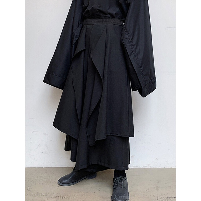 INCERUN Men Pant Elastic Black Irregular Design Skirt Pant Loose Fit Fashion Mens Streetwear Pants S-5XL